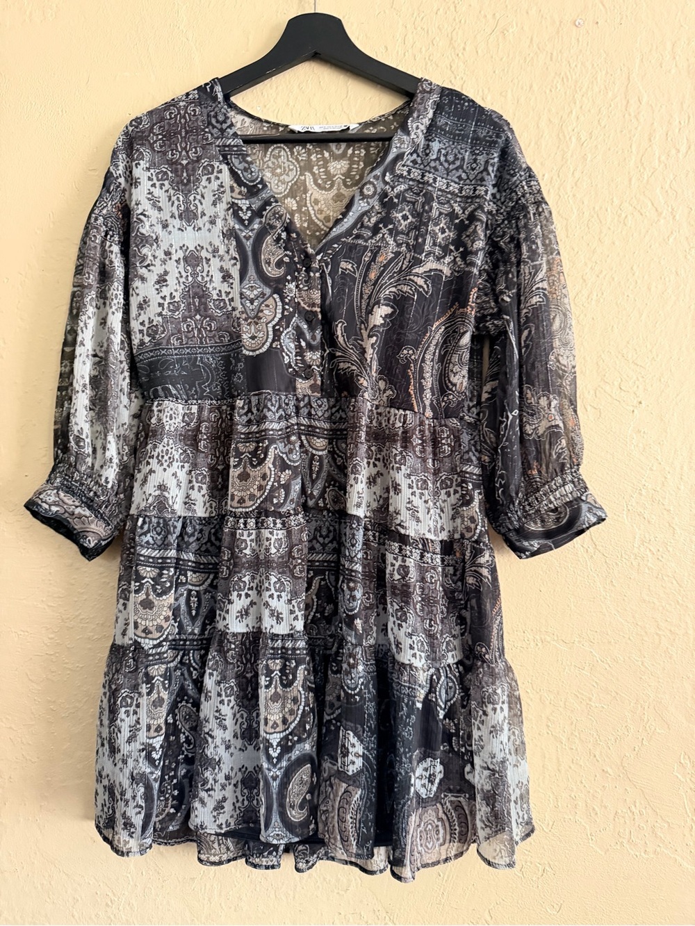 Zara Black Gray Paisley Tiered Mini dress